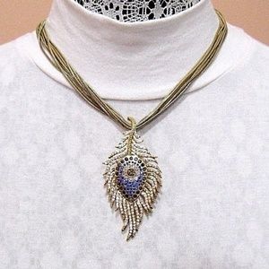 GOLD TONE MULTI STONE PEACOCK FEATHER NECKLACE